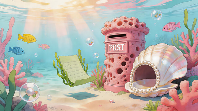 Underwater postbox with fish and coral