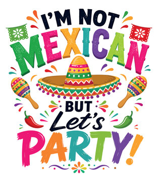 Vibrant multicolored fiesta party invitation with sombrero maracas and confetti text colorful