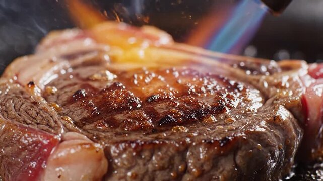 Close-up of a chef searing a gourmet steak with a blowtorch.