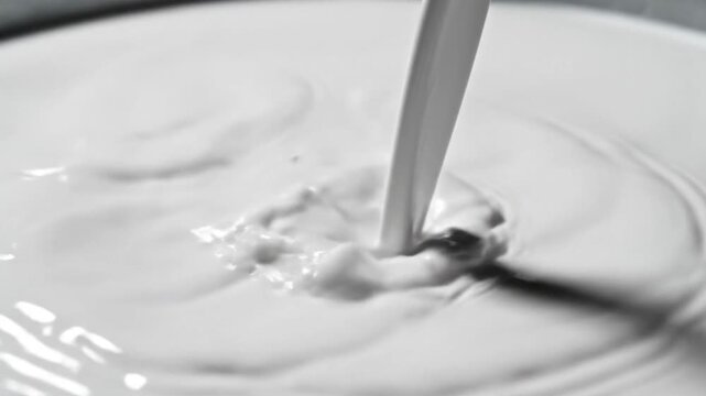 A stream of white liquid pouring into a pool, creating a splash and ripples on the surface, in a close-up shot