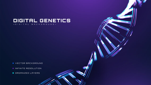 Abstract digital genetics background with blue glow dna helix. Advanced science tech concept presenting 3d purple neon line. Vector illustration of dark biology structure and bright light dot.