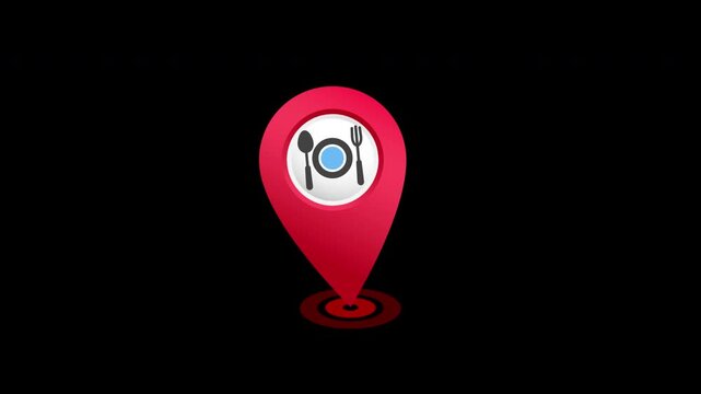 Animated Map Pin Location Marker for Restaurant with Cutlery Icon, 4K Alpha Channel