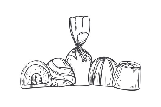 Chocolate candy collection hand drawn vector sketch. Assortment of sweet treats and dessert food. Outline illustration of cocoa confectionery for bakery, cafe menu, holiday gift and design.