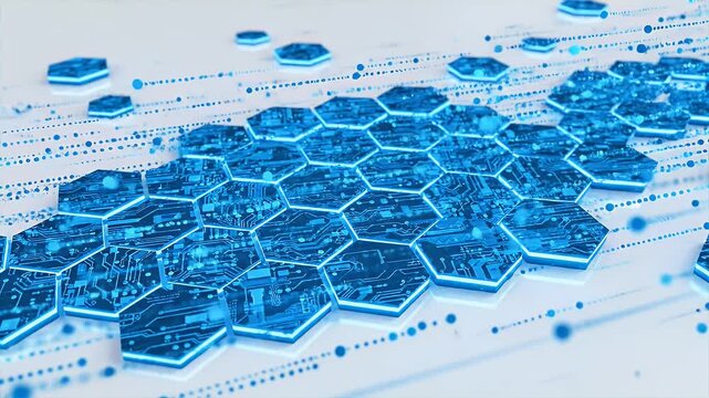 A futuristic abstract image showcases blue hexagonal circuit board elements floating against a bright white background, suggesting interconnected technology and digital networks.