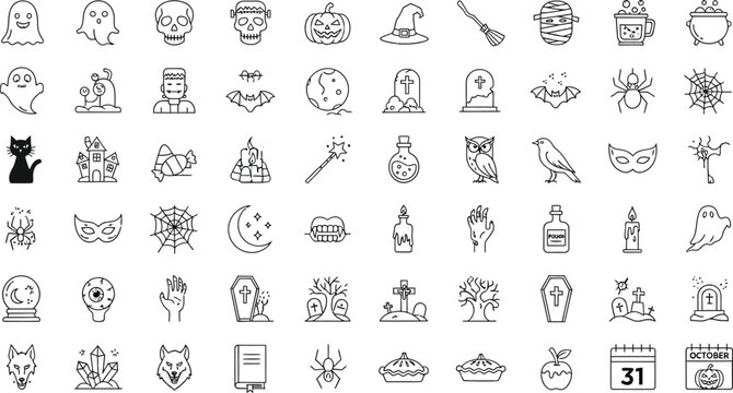 halloween themed icons set in black and white