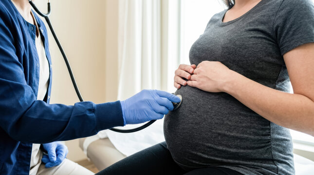 Doctor using stethoscope to examine pregnant woman in clinic, prenatal care concept for maternity health, pregnancy checkup, obstetrics, baby wellness, medical support, and family care.