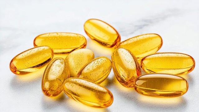 vitamin D, Transparent golden capsules glowing in light on fine sand surface, minimal style, warm yellow background, concept of health and vitality.