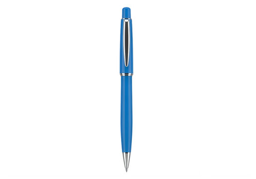 A blue pen with silver accents on a white background transparent background