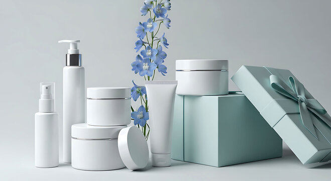 Blue minimal skincare packaging with floral gift box cosmetic mockup
