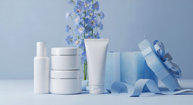 Blue minimal skincare packaging with floral gift box cosmetic mockup