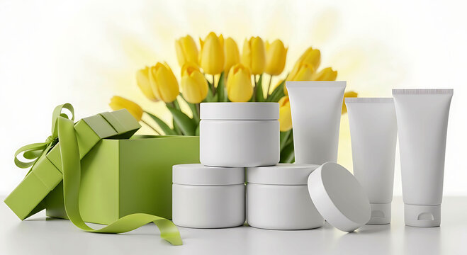 Blue minimal skincare packaging with floral gift box cosmetic mockup