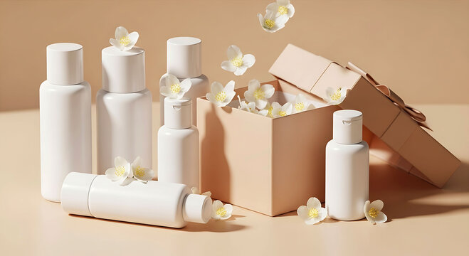 Blue minimal skincare packaging with floral gift box cosmetic mockup
