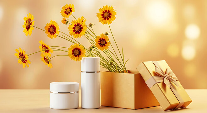 Blue minimal skincare packaging with floral gift box cosmetic mockup