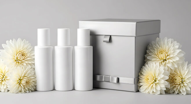 Blue minimal skincare packaging with floral gift box cosmetic mockup