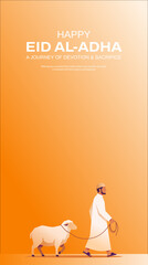 Happy Eid al-Adha greeting banner featuring a Muslim man walking with a sacrificial sheep. Minimalist orange vertical background with elegant typography and copy space for social media. © VECTOR DREAMER