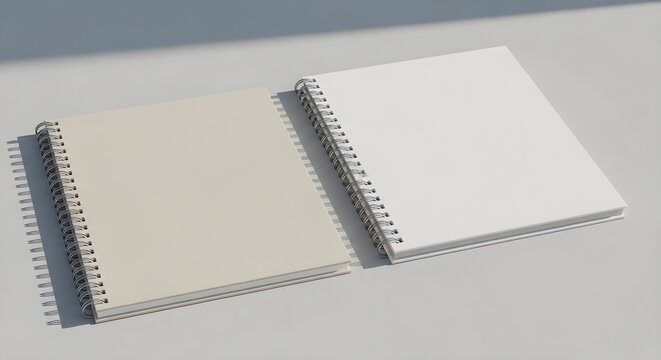 Two spiral bound notebooks with blank white and beige pages on a gray surface for writing or drawing