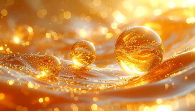 Illuminated orbs floating on liquid amber, with bokeh highlights and warm tones