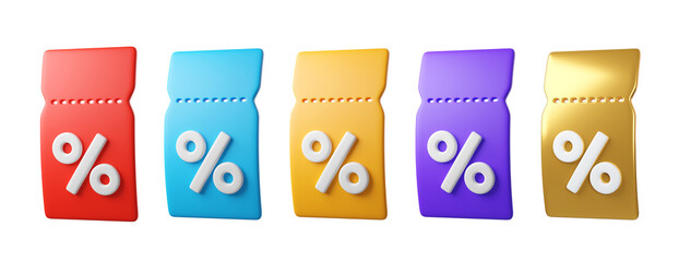 Set of 3d color discount coupon tickets with percent symbol, isolated on background. Template Blank voucher for sale, promotion concept, online shopping. 3d render 