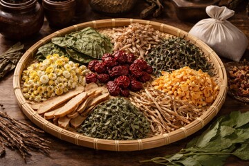 Fototapeta premium Traditional herbal medicine assortment with dried roots leaves and flowers in wooden setting natural remedy