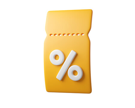 3d yellow discount coupon tickets with percent symbol, isolated on background. Template Blank voucher for sale, promotion concept, online shopping. 3d render
