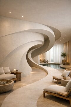 Modern spa interior with curved architecture and pool creating calm luxury wellness relaxation atmosphere
