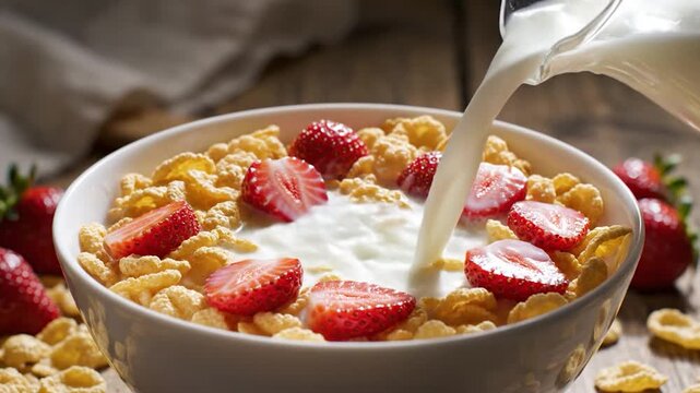 A close-up shot of a bowl filled with cereal and fresh sliced red fruit, with milk being poured over it, on a wooden surface
