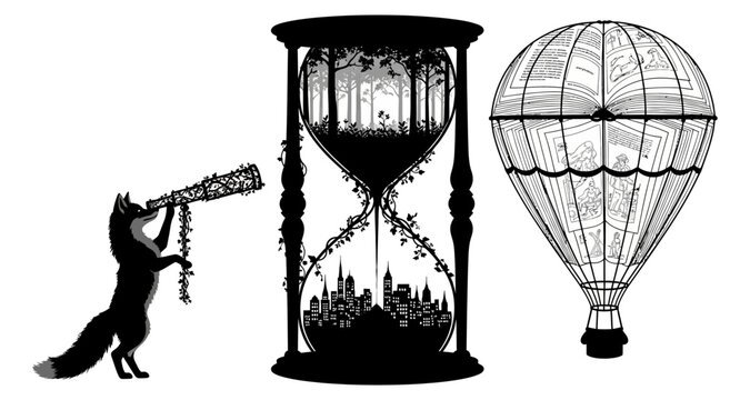 Black and white illustration of fox with telescope, hourglass and hot air balloon