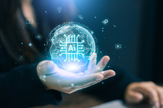 Artificial intelligence concept with AI chip and global network sphere, machine learning, data analytics, automation technology, and digital transformation in modern business.