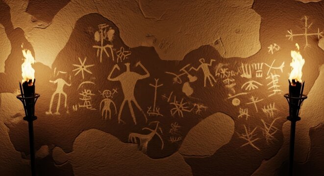 ancient cave wall silhouette art with prehistoric family scene and torchlight ambiance