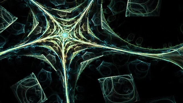 A dynamically rotating star- or spider-web-like structure. The pattern is dominated by neon green, electric blue, and touches of gold that glow against a pitch-black background.