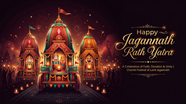 Jagannath rath yatra india glowing chariot festival night scene with spiritual lights devotion culture celebration banner design commercial use