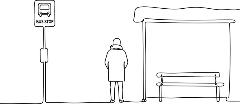 Minimalist one-line drawing of a person waiting for a bus stop on white background