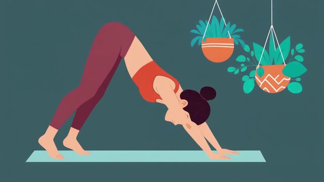 Young Woman Practicing Downward Facing Dog Yoga Pose at Home Illustration