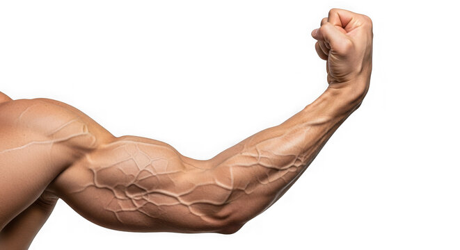 Flexed arm showcasing muscular definition and skin texture under natural lighting isolated on transparent background