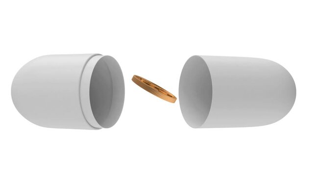 White capsule pill opens to reveal a golden dollar coin moving out on a white background, 3D render