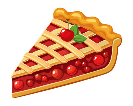 Sweet cherry lattice pie slice with juicy red filling for festive dessert menu and catering - Vector Illustration