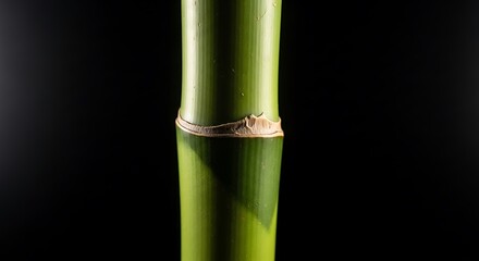 Fototapeta premium Bamboo stalk stands vertically against a deep black background color.