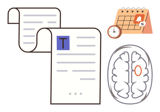 Productivity, time management, deadline focus, cognitive function, organization, workflow. documents, a calendar with a clock and a brain image. Productivity and time management concept
