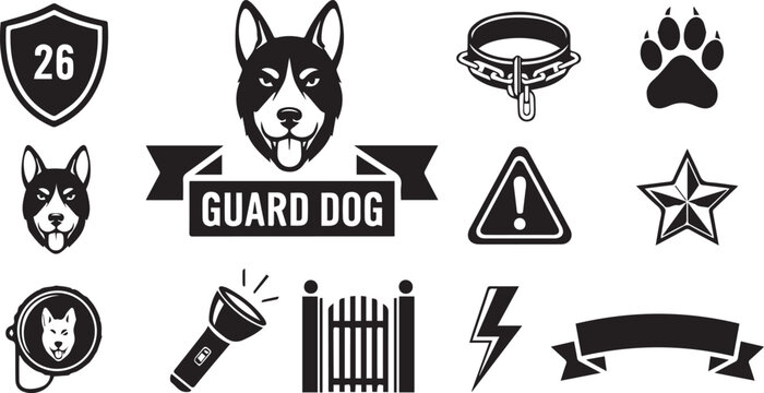 Guard Dog Security Badge Icons Set Isolated on White Background