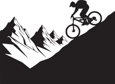 Mountain biking silhouette, black mountain bike rider, extreme sports vector, downhill cycling