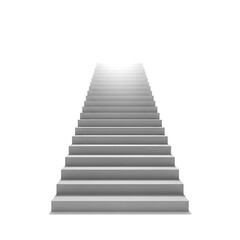 Fototapeta premium A gray staircase leads upwards to a bright light in a white background