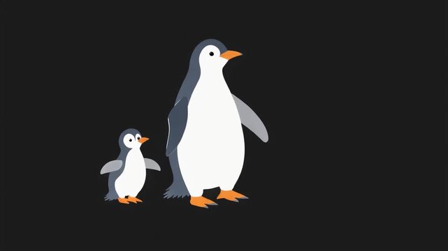 Cute Adult Penguin and Chick Walking Together Animated Illustration