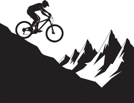 Mountain biking silhouette, black mountain bike rider, extreme sports vector, downhill cycling
