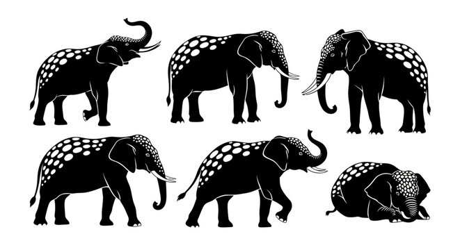 Set of Stylized Elephant Silhouettes with Polka Dot Pattern
