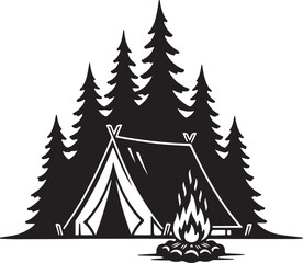 Obraz premium Camping, outdoor adventure, black and white, illustration, vector, tent, campfire, trees