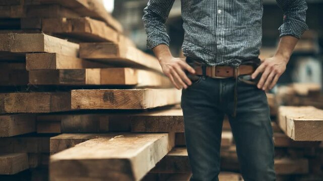 Craftsman Amidst Timber: A skilled carpenter, standing confidently amidst a stack of freshly cut lumber, embodying the essence of craftsmanship and the raw beauty of wood.