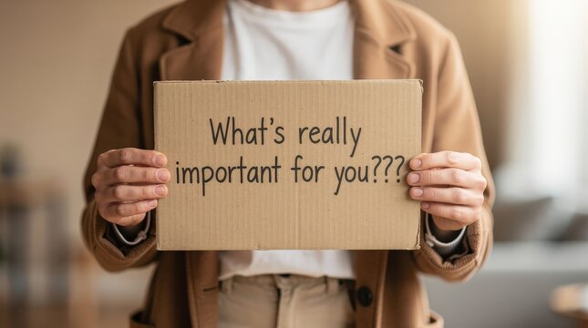 A person holds a cardboard sign asking, "What's really important for you???" in a thoughtful and reflective indoor setting.