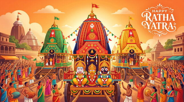 Rath yatra india festival colorful chariot procession illustration with jagannath balabhadra subhadra and crowd celebration for cultural greeting design use