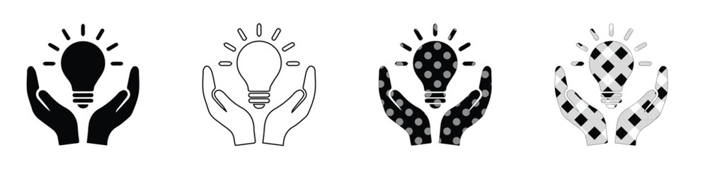 Obraz premium Light bulb idea icons with hands, set of 4 creative innovation symbols in black and white, glowing lamp and hand vector graphics for business concepts