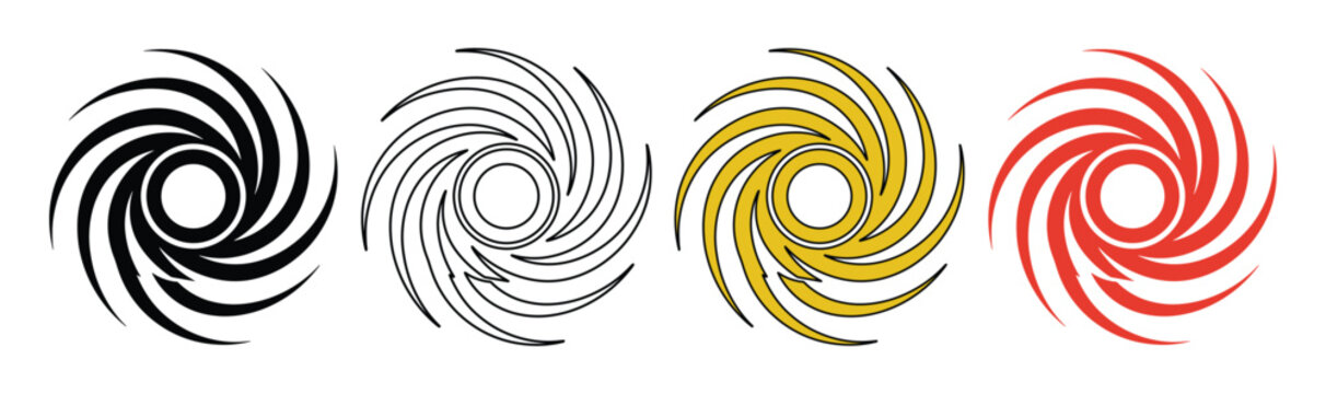 Abstract spiral vortex icons set, geometric circular swirl vector elements, dynamic radial motion graphics in black gold and red colors